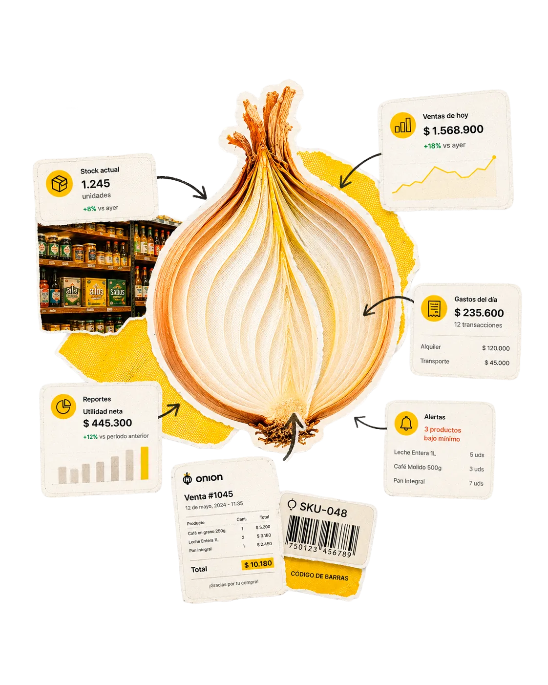 Una cebolla en capas rodeada de las partes del negocio: stock, ventas, gastos y reportes.