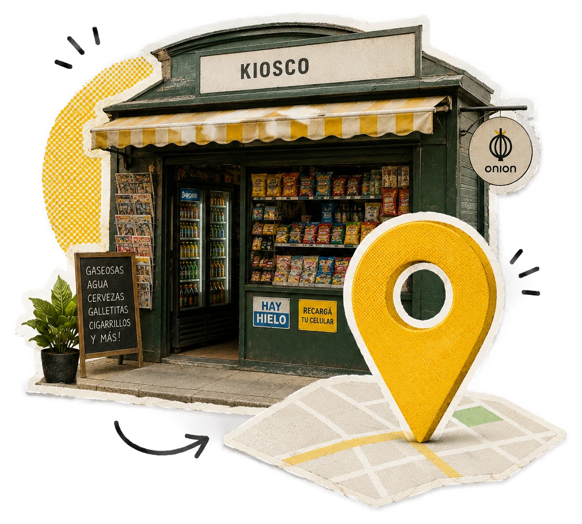 Ilustración de marca: un pin de mapa gigante plantado sobre la vereda de un kiosco de barrio.