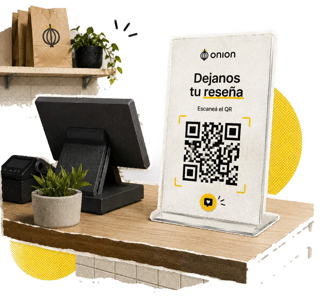 Ilustración de marca: un QR de reseñas apoyado junto a la caja de un negocio de barrio.