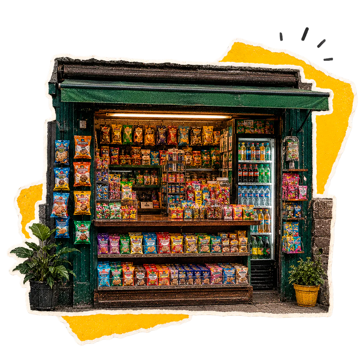 Frente de un kiosco de barrio lleno de productos.