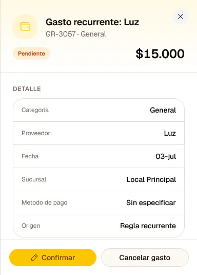 Gasto recurrente en Onion con badge de pendiente por confirmar.
