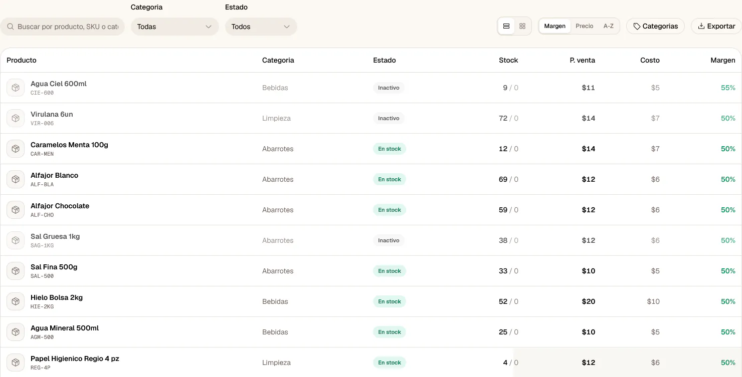 Catálogo de Onion con productos activos e inactivos diferenciados.
