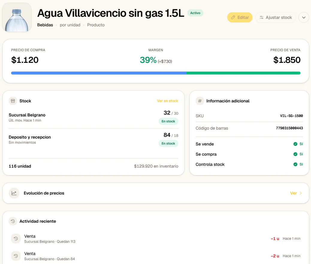 Detalle de producto en Onion mostrando código de barras y SKU.