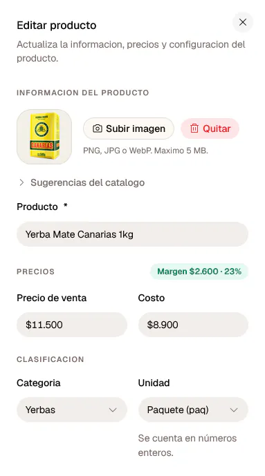 Formulario de producto de Onion con el campo de stock mínimo.