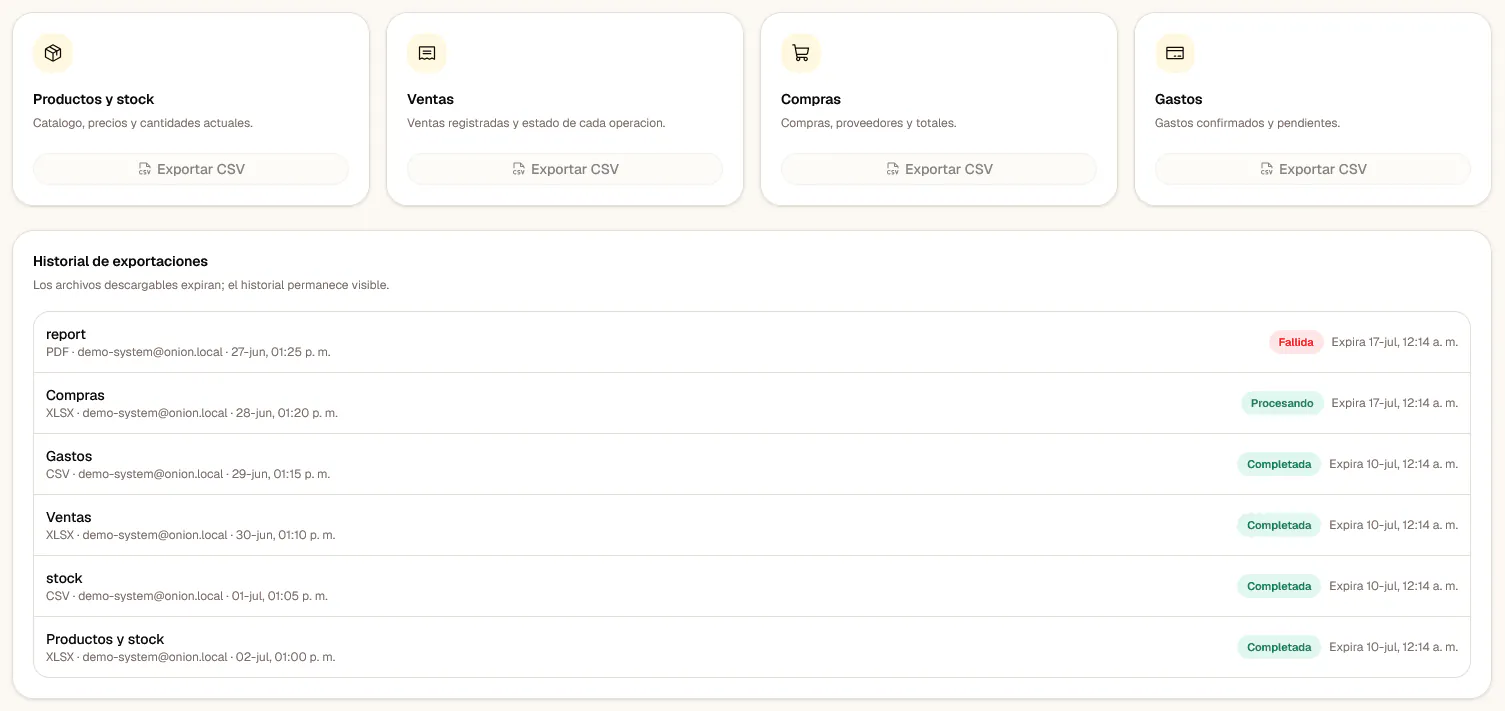Menú de exportación de un reporte (CSV, PDF, XLSX) en Onion.