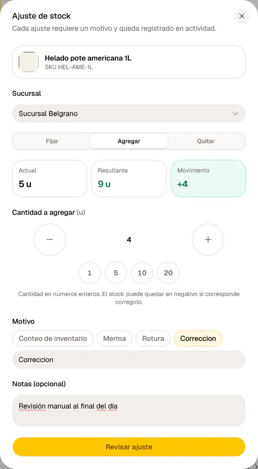 Ajuste de stock en Onion con campo de motivo.