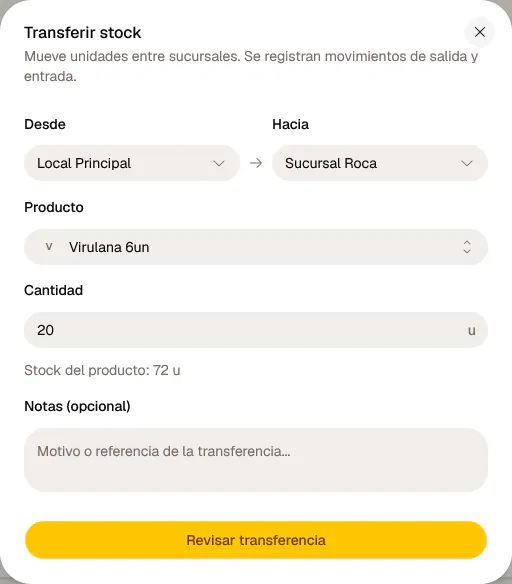 Transferencia de stock entre dos sucursales en Onion.