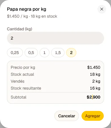 Venta con cantidad decimal en Onion (kilos o litros).