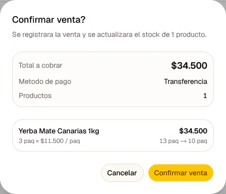 Venta confirmada en Onion con stock actualizado.