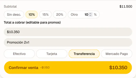 Confirmación de una venta en Onion, con el medio de pago o la opción de cobrar después.