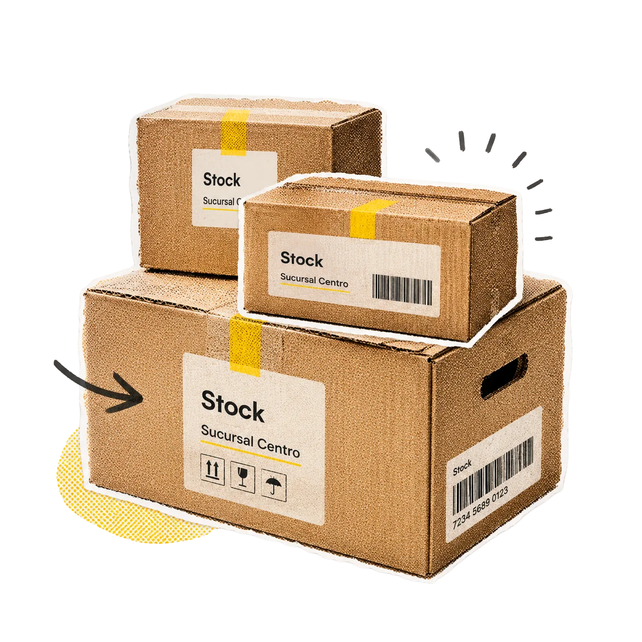 Cajas de stock etiquetadas por sucursal.