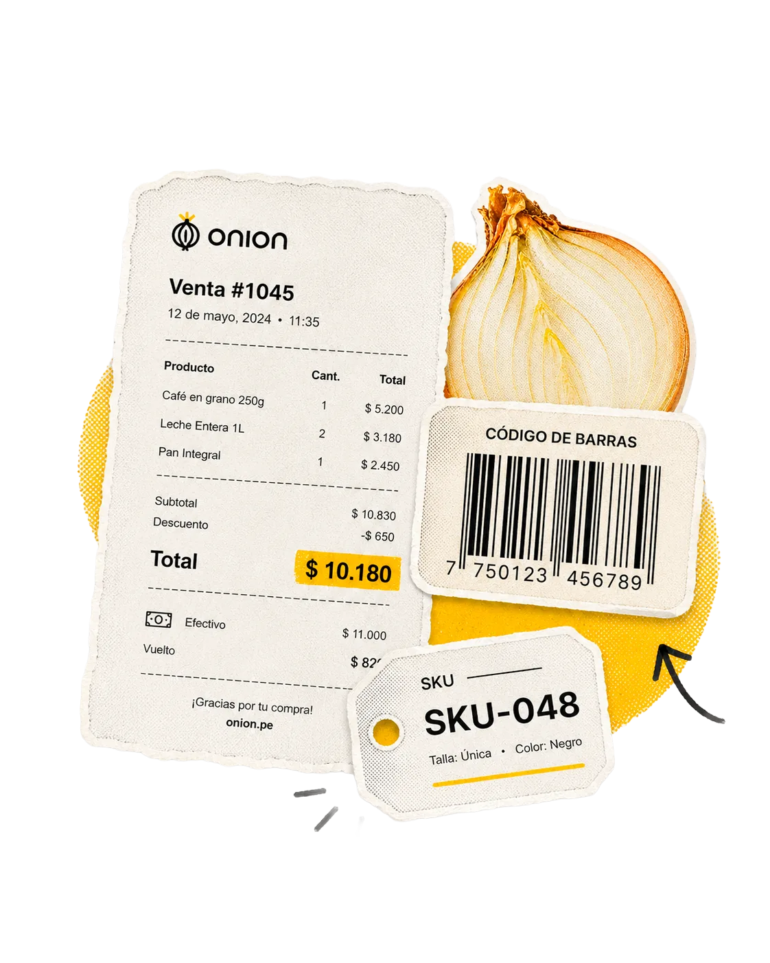 Ticket de venta de Onion junto a una etiqueta de SKU.